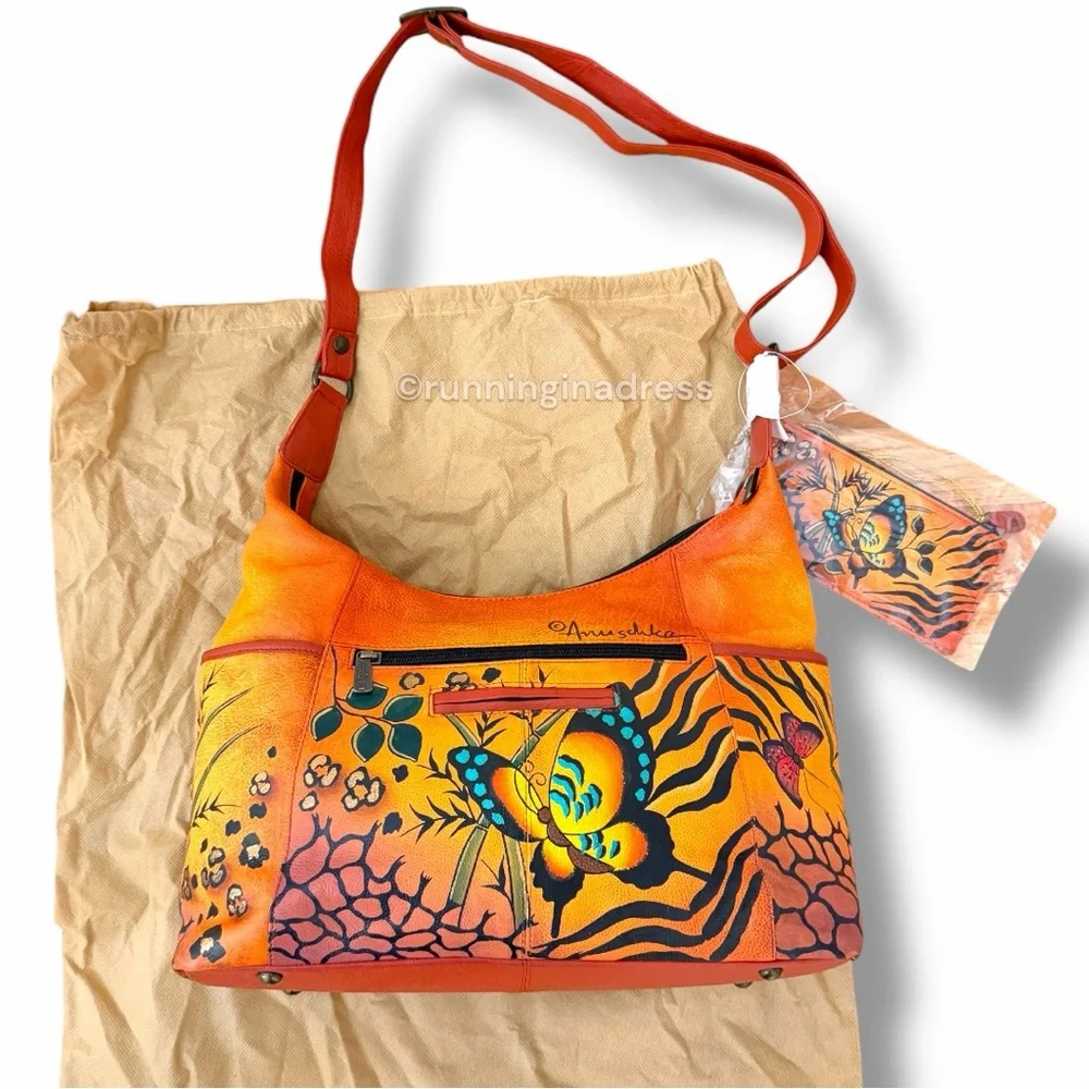 Anuschka Hand-Painted Leather Convertible Hobo Animal Butterfly Print Tangerine